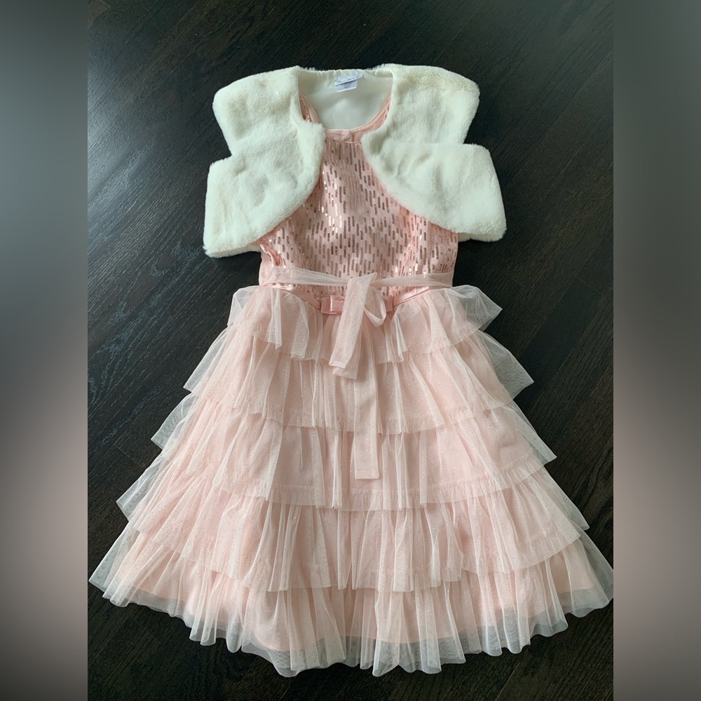 Jona Michelle Girl's Pink  Dress with Sequins, Soft Crinoline and Plush Shrug-12